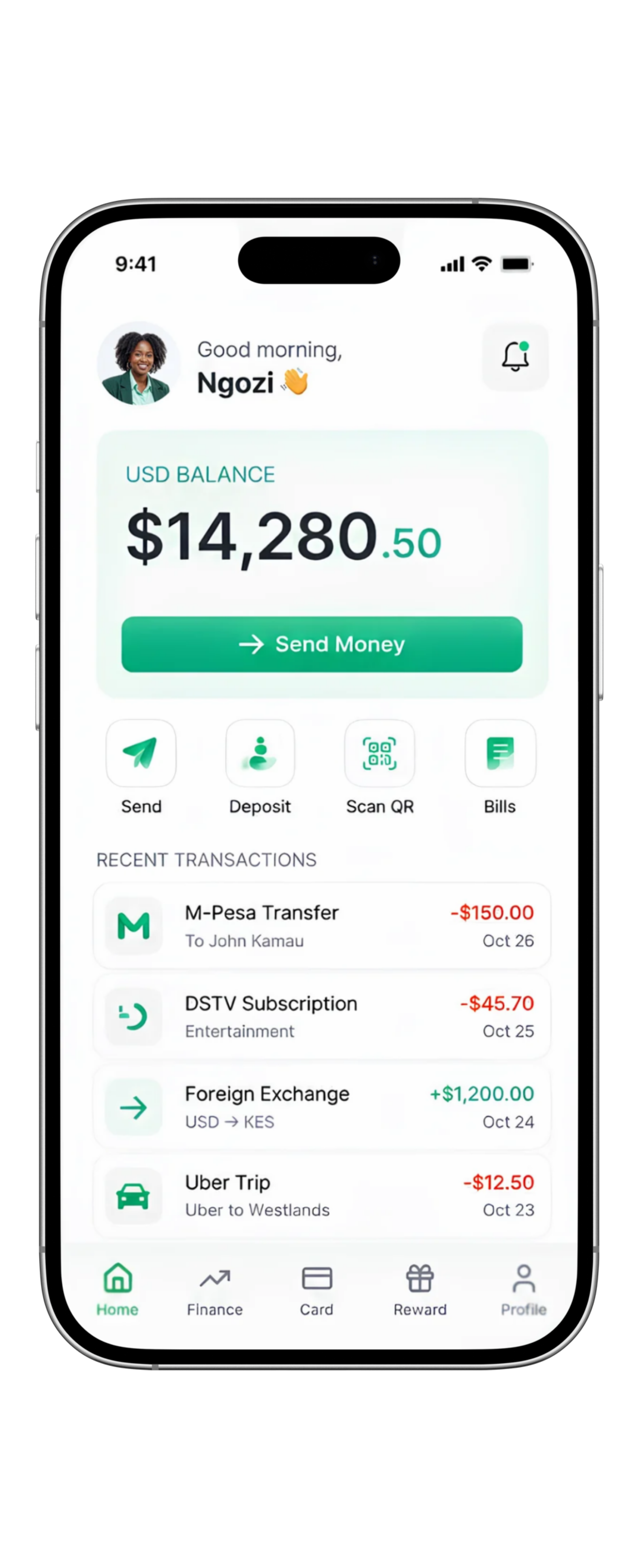 MoyoPay app showing USD balance and transactions